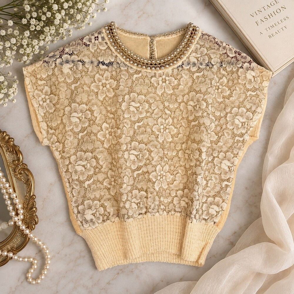 VTG 1950s Tobi California Orlon Lace Pearl Sweater Top Ivory Gold Unmarked